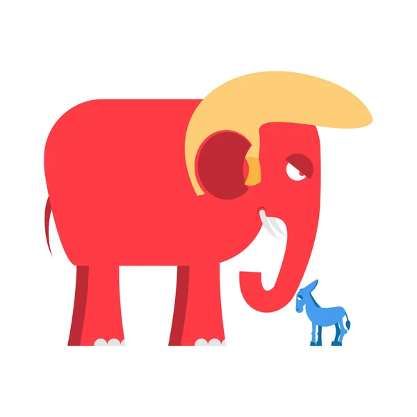 Gran Elefante Rojo y pequeños burros azules símbolos de los partidos políticos en América. Demócratas contra republicanos. Oposición a la política de Estados Unidos. Símbolo del debate político. Elecciones americanas — Vector de stock